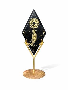 Obsidian Diamond Carving with Gold Etching on Stand